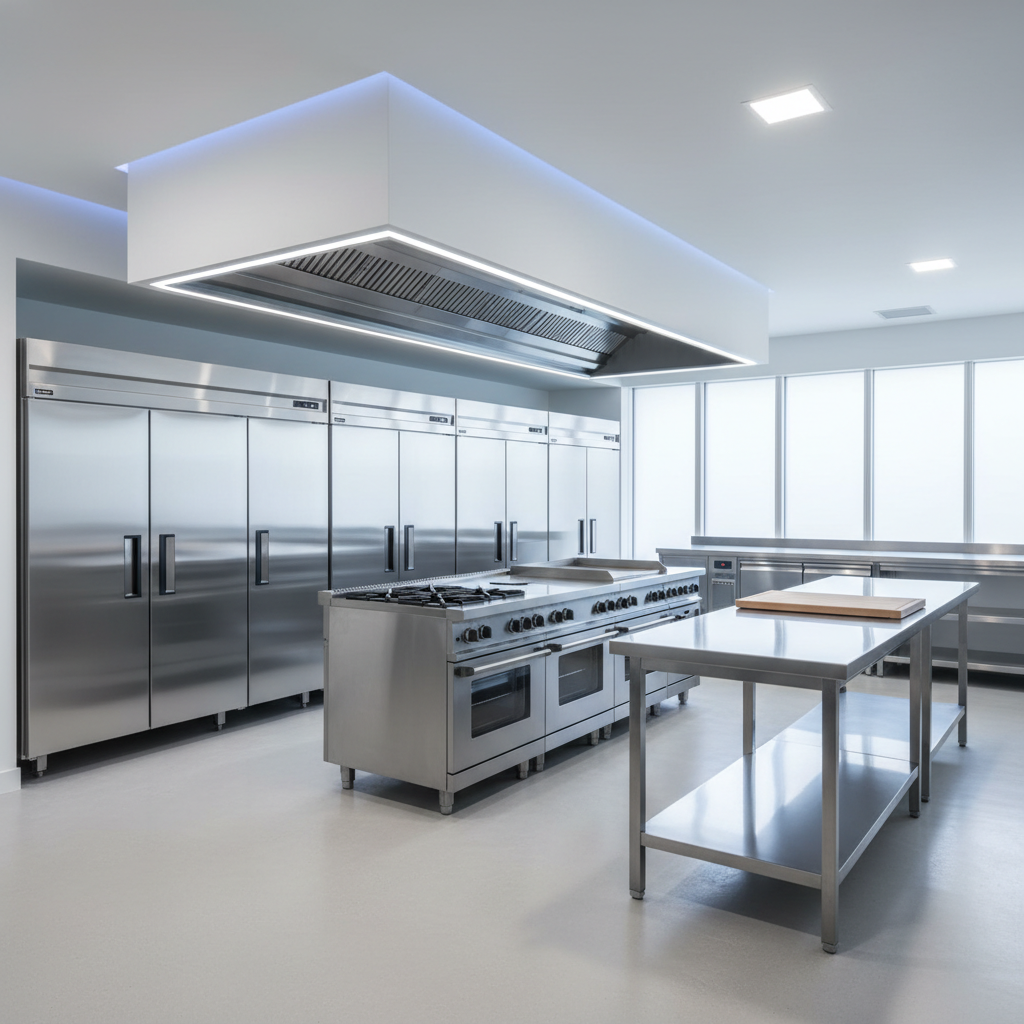 Clean commercial kitchen with refrigeration equipment