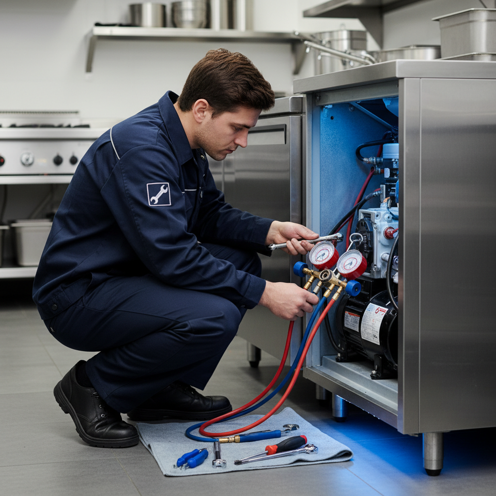 Certified technician repairing commercial refrigeration